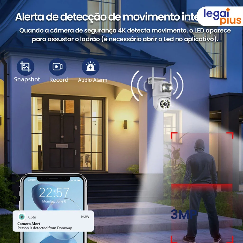 Câmera de Segurança Wi-Fi 360° com Lente Dupla ICSEE, IP66, Visão Noturna e Sensor de Movimento – 2 em 1 (Fixa + Giratória)