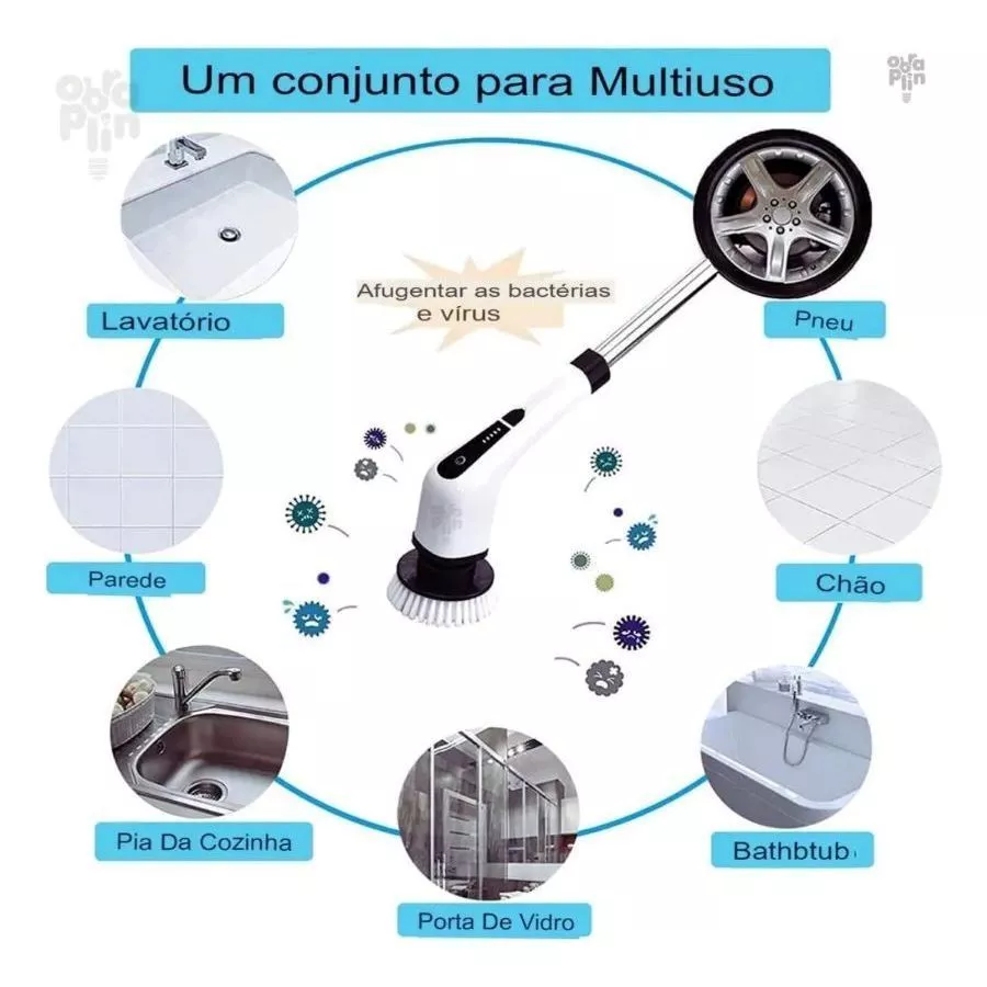 Escova Esfregão Elétrica 9 em 1 Recarregável – Rotação 360° com Cabo Extensor