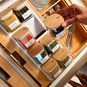 Organizador De Temperos 9pçs Gaveta Armário Cozinha Bambu