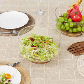 Tigela de Frutas de Vidro com Base de Madeira