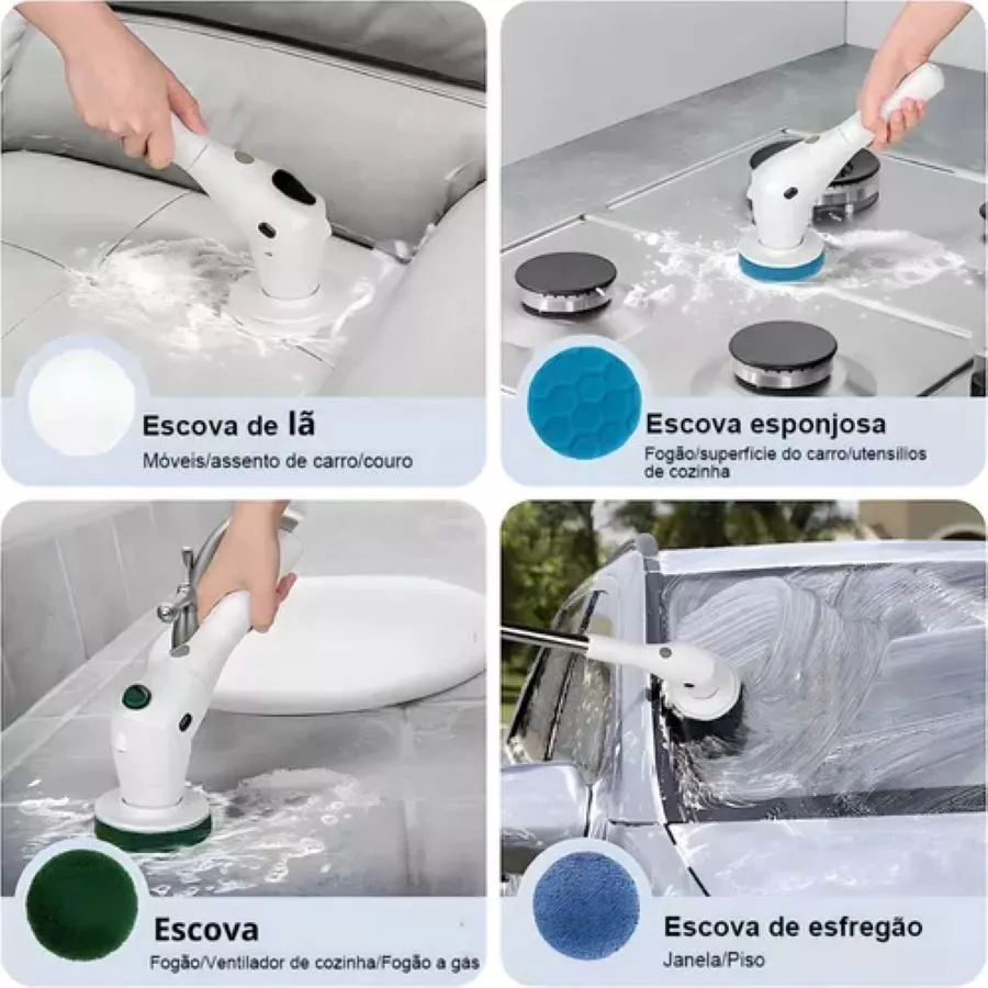 Escova Esfregão Elétrica 9 em 1 Recarregável – Rotação 360° com Cabo Extensor