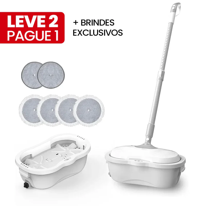 [LEVE 2 PAGUE 1]Mop Elétrico + BRINDES: Módulos de Limpeza e Tanque Suporte